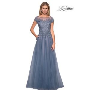 NWT La Femme A Line Tulle Floral Embroidered Bodice Evening Gown 26893